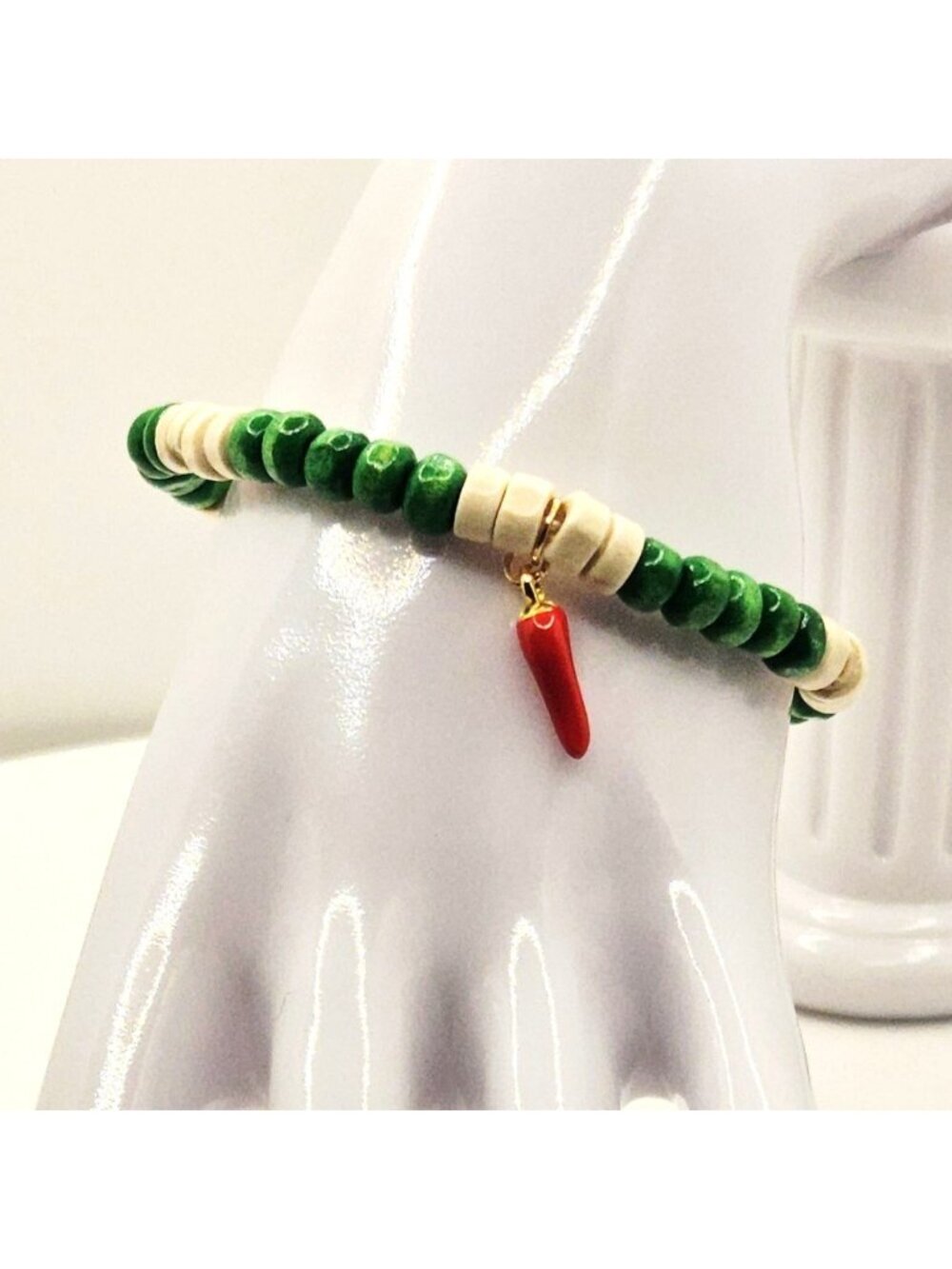 Green Beaded Chili Pepper Bracelet, Lucky Charm Bracelet, Italian Inspired Jewel